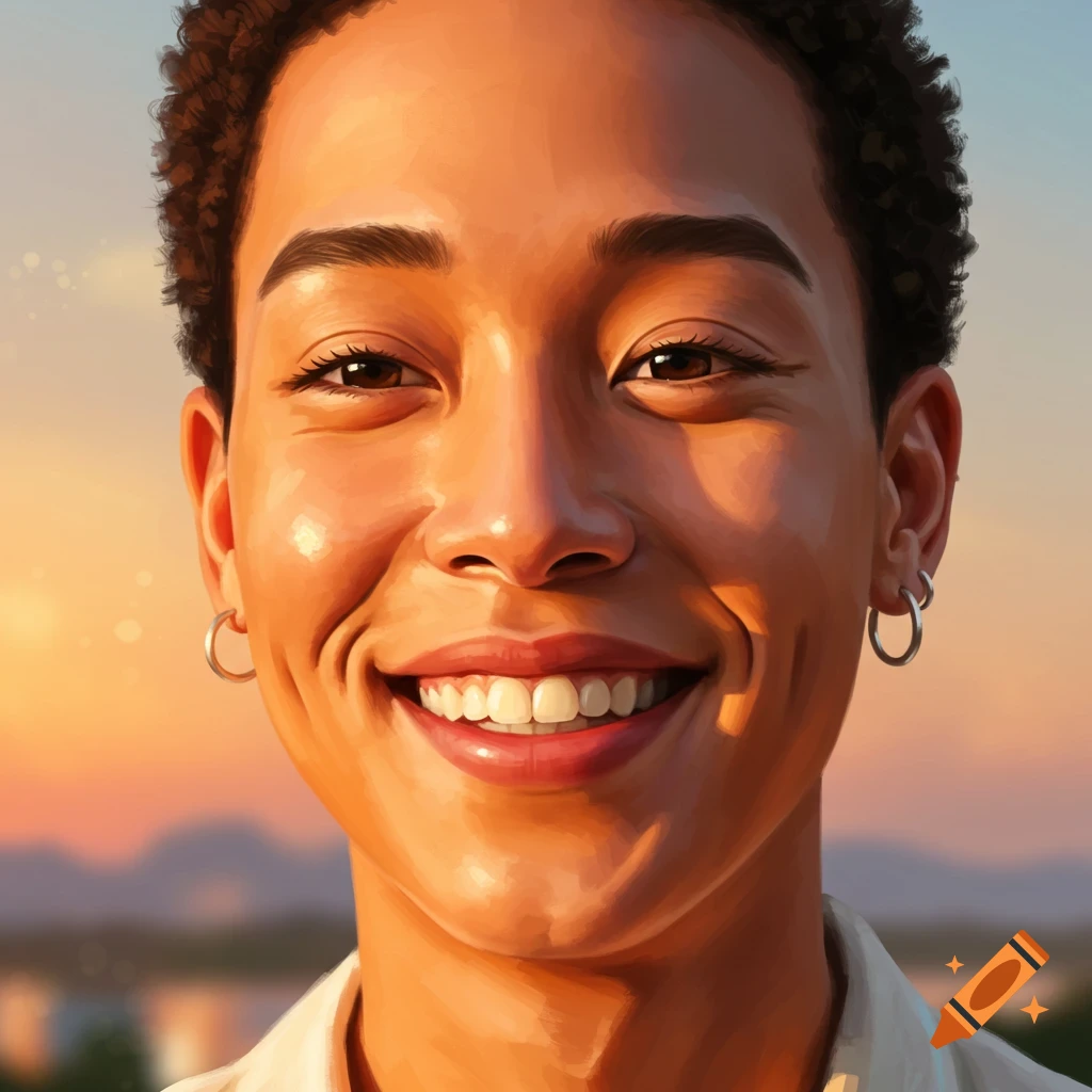 Close-up portrait of a person with short curly hair smiling broadly, with a warm sunset sky in the blurred background.
