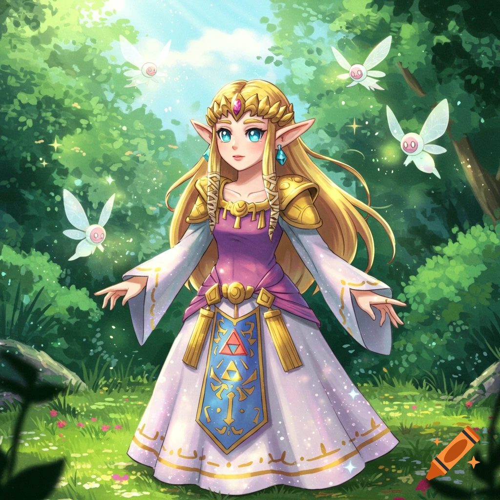Princess Zelda in a purple and white dress with gold armor stands in a sunny forest with fairies, in an anime art style.