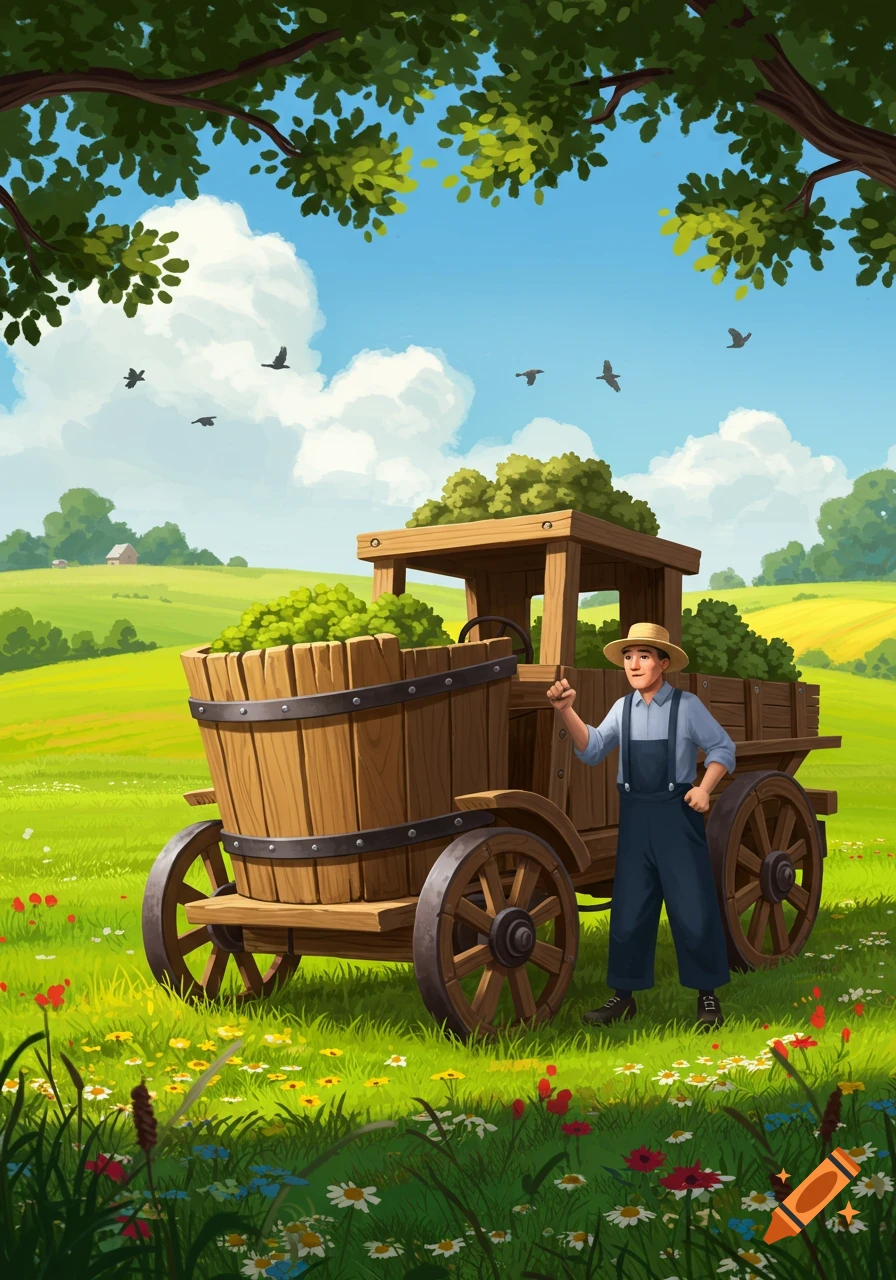 Illustration of a man in a straw hat and overalls beside a wooden harvest cart in a sunny, green field with wildflowers.