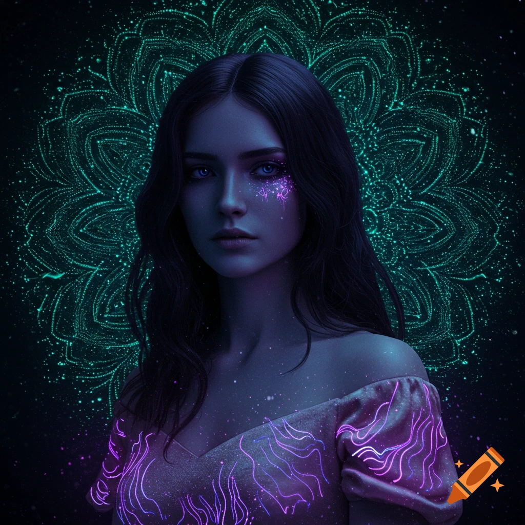 A woman with dark hair and blue eyes, sparkling glitter on her cheek, in an off-shoulder gown with glowing purple lines, against a green dot mandala.