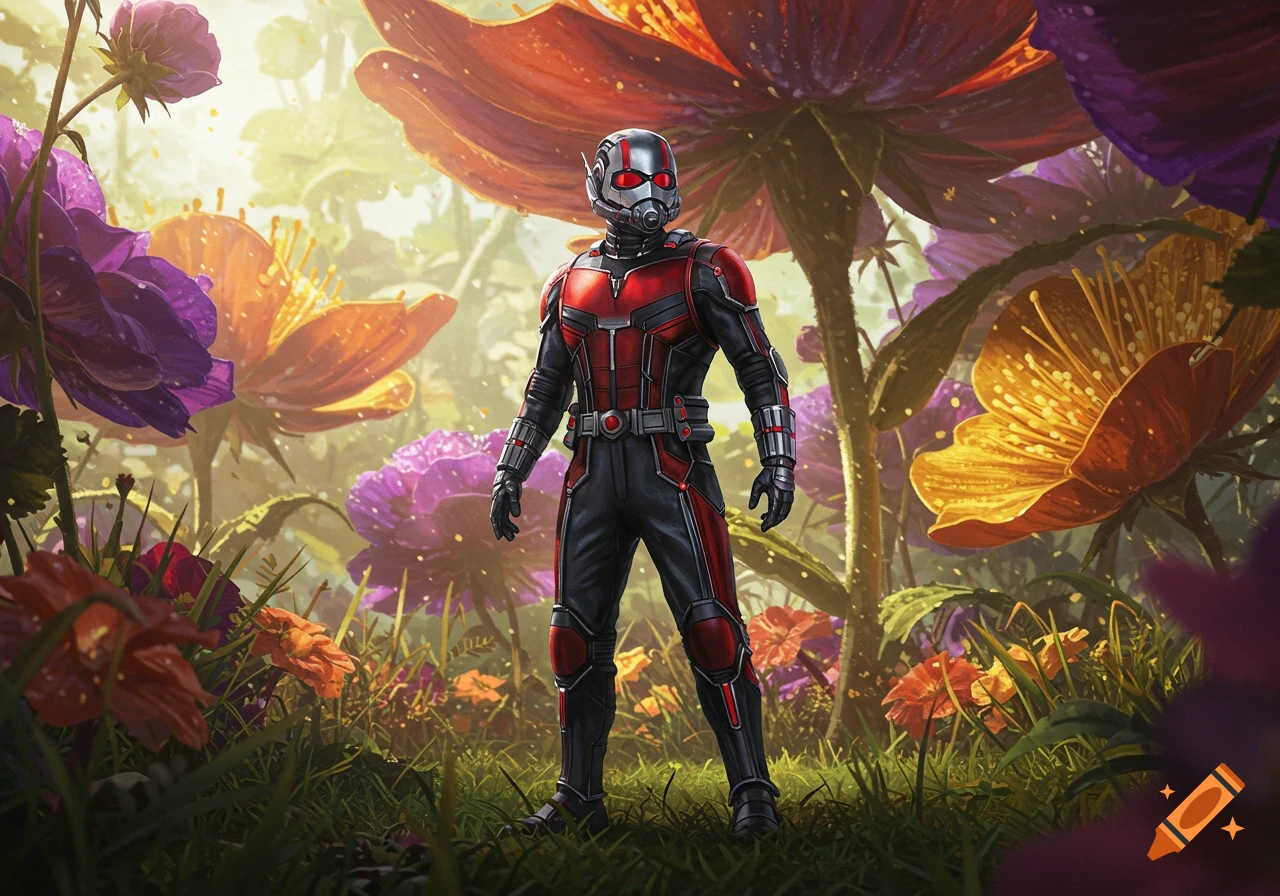 Ant-Man stands in a lush, fantastical garden surrounded by giant red, purple, and yellow flowers, lit by a soft glow.