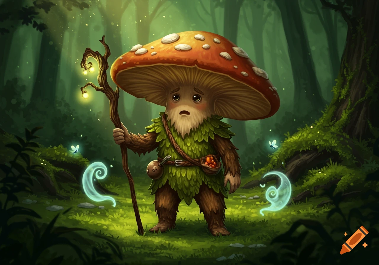 A nervous mushroom druid character with a large red mushroom cap and green leafy outfit holds a glowing staff in a magical forest.
