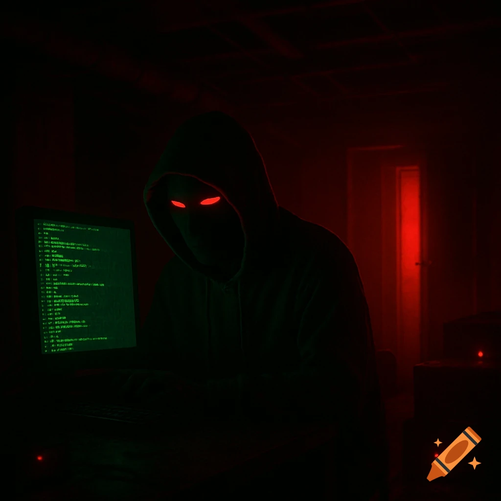 A hooded hacker with glowing red eyes sits in a dark, reddish room, typing on a computer with green code on the screen.