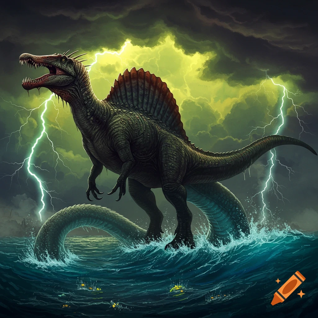 A fierce Spinosaurus-like creature with a sea monster tail stands in stormy ocean waters under a sky filled with green lightning.