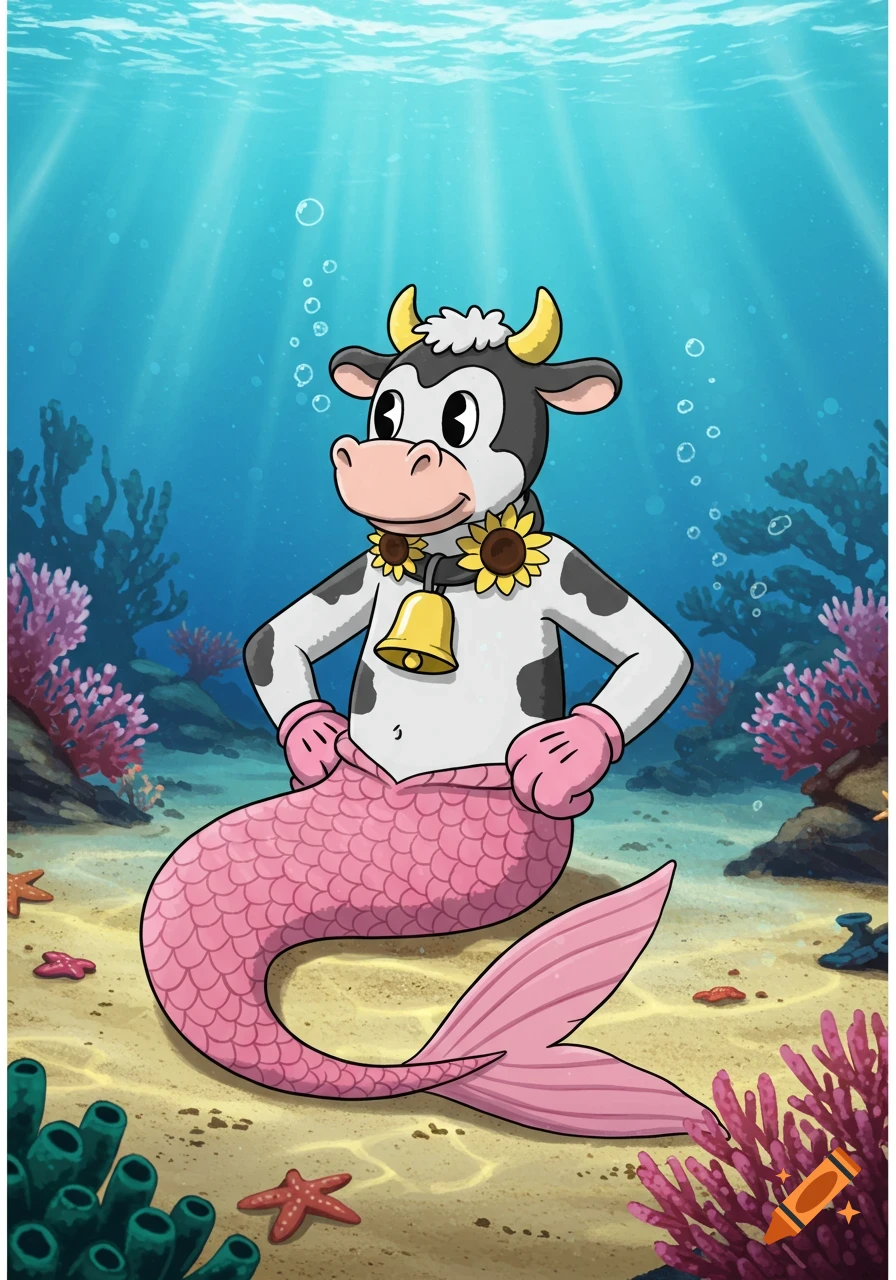A cartoon cow with a pink mermaid tail, pink gloves, yellow horns, and a sunflower lei with a cowbell, sitting on the ocean floor surrounded by coral and starfish.