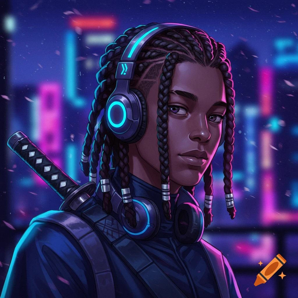 Anime-style portrait of a person with braids and headphones, a sword on their back, against a neon city background.