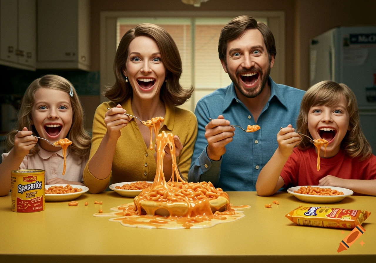 A vintage 1970s advertisement photo of a family with unsettling smiles eating slimy Spaghettios at a table.