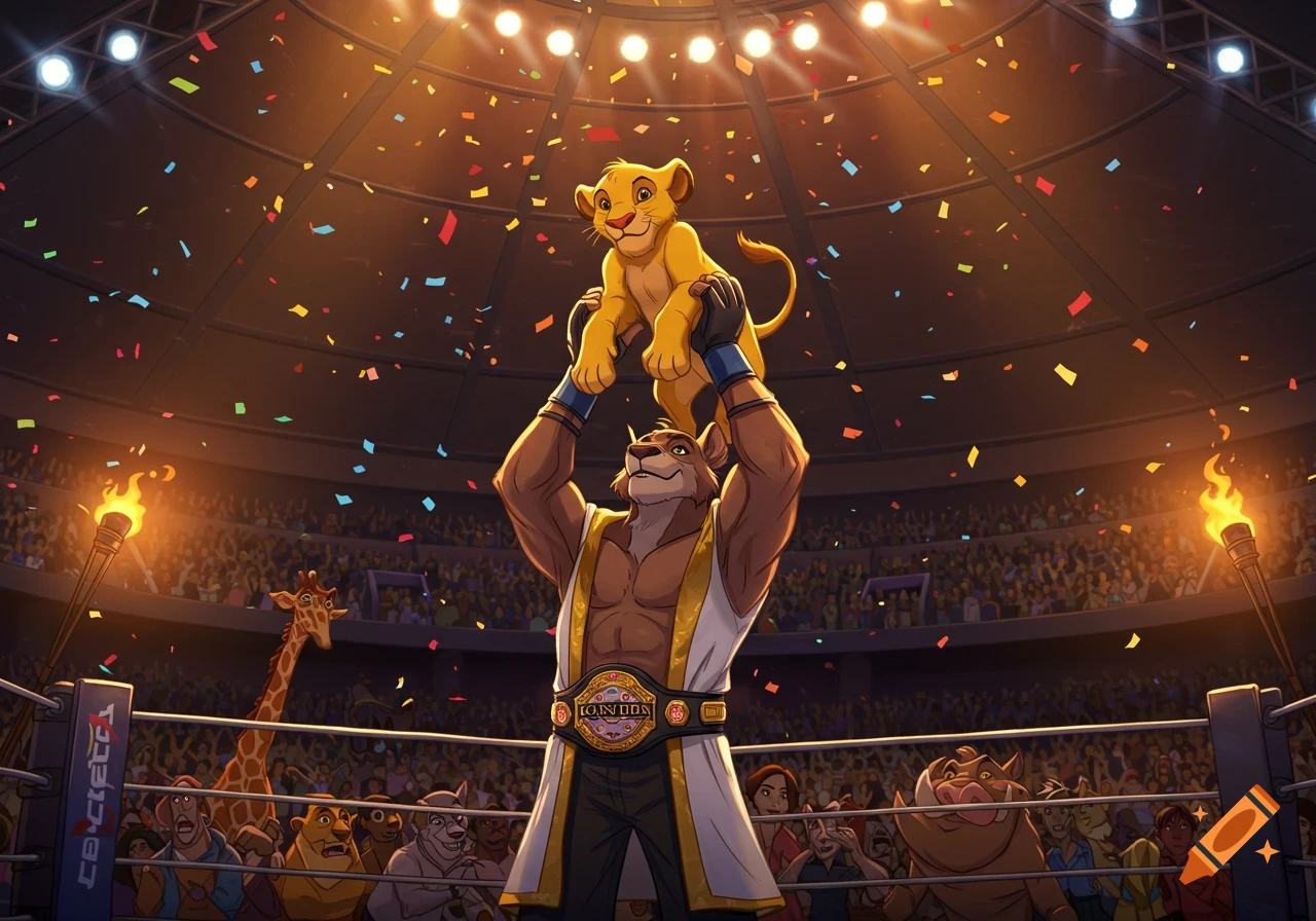 A muscular anthropomorphic lion wrestler in a white robe holds baby Simba high in a brightly lit MMA arena with confetti falling over a cheering animal crowd.