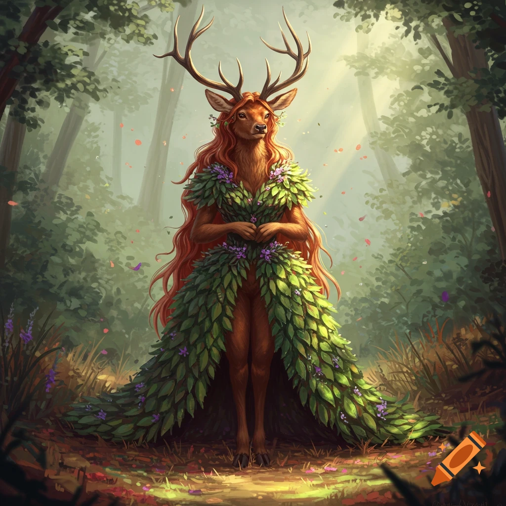Anthropomorphic deer with long red hair and antlers in a leaf dress stands in a mystical forest.