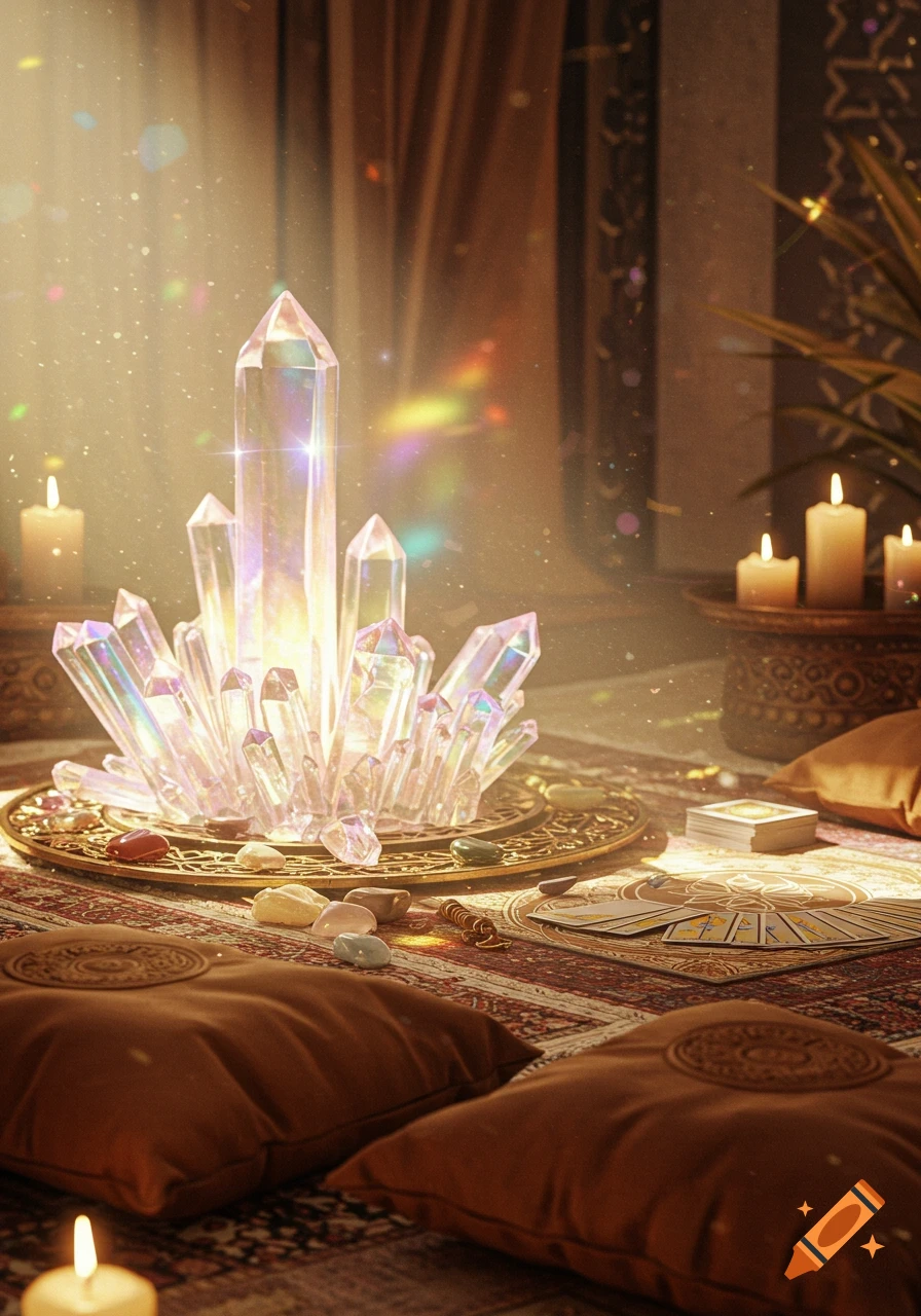 A spiritual setting with glowing iridescent crystal clusters, tarot cards, and lit candles on a richly patterned rug, bathed in warm light.