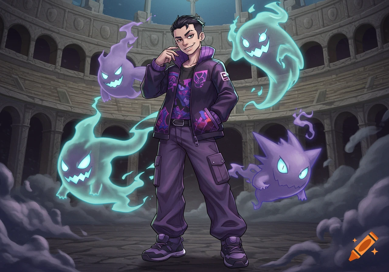 A stylish male Pokemon trainer with purple clothes and a buzzcut stands with ghost Pokemon (Gastly, Haunter) in an ancient stadium, anime art style.