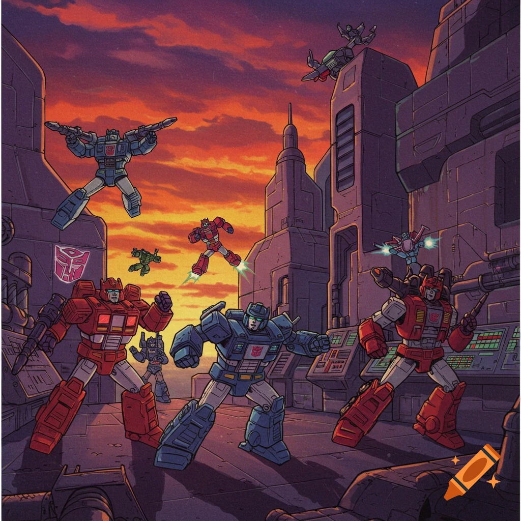 Autobot Transformers battle in a futuristic city at sunset, with some flying, in a vibrant 1980s cartoon style.