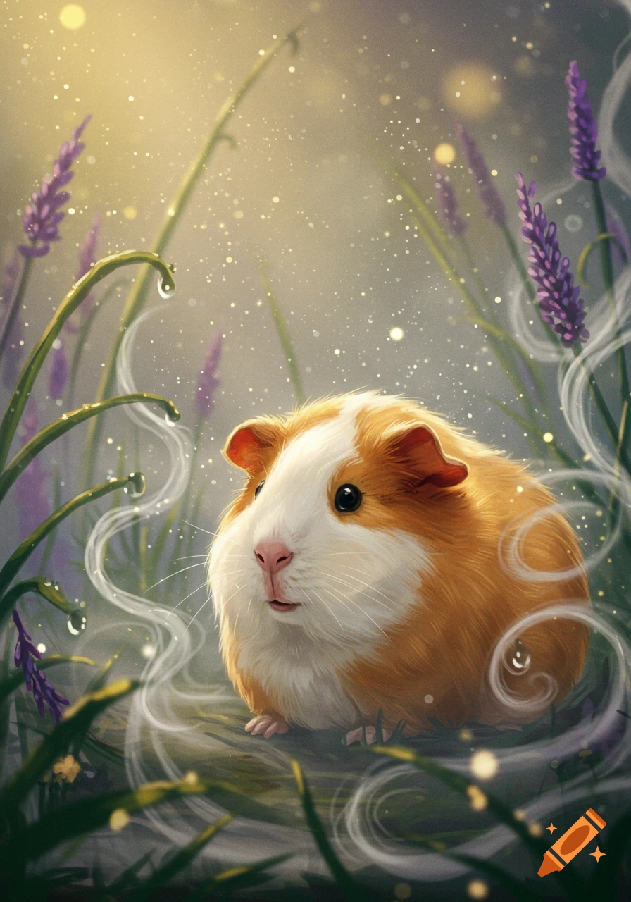 A cute brown and white guinea pig in a whimsical, misty lavender field with sparkling light.