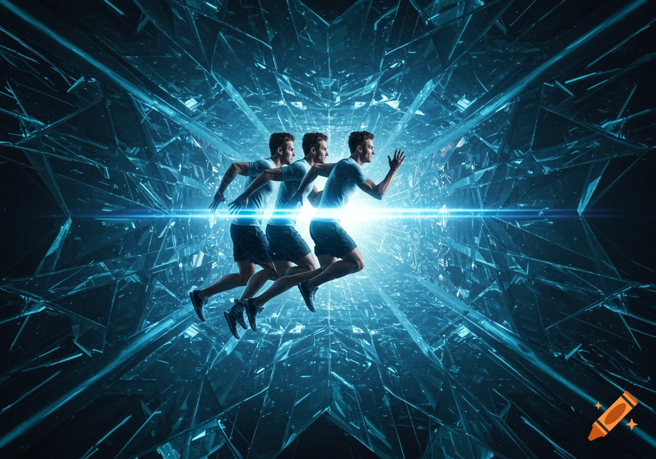 A man running, duplicated in three stages of motion, through an abstract tunnel of shattered blue glass and bright light.