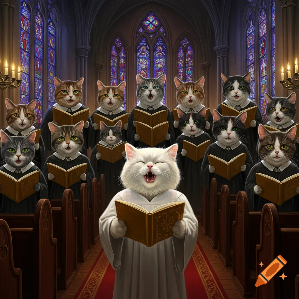 Anthropomorphic cats in choir robes sing in a church with stained glass windows.