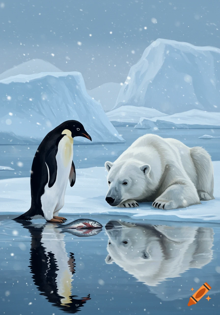 An illustration of a penguin and a polar bear on ice in a snowy arctic landscape. A fish lies between them.