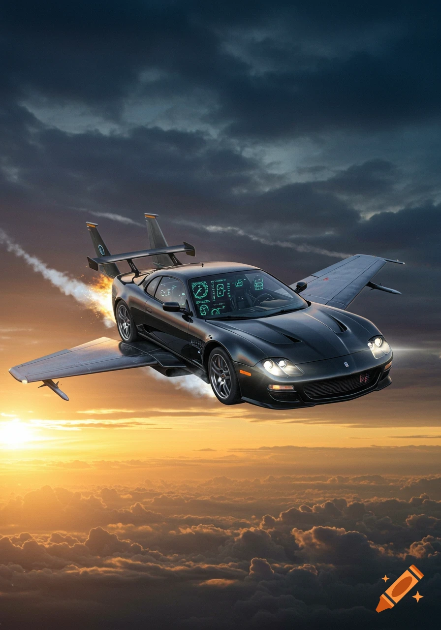 A sleek, dark gray sports car with jet engines and wings flies through a cloudy sky during sunset, leaving a trail of fire and smoke.