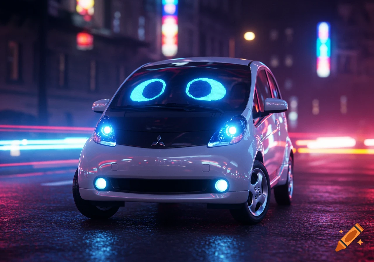 White Mitsubishi iMiev with glowing blue pixelated robot eyes on its windshield on a wet city street at night.