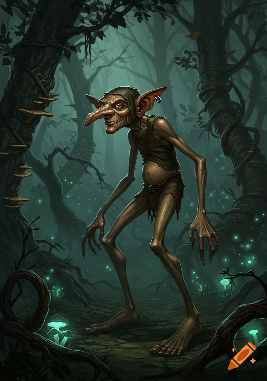 A spindly goblin with a long nose and ragged clothes stands in a dark, misty fantasy forest with glowing mushrooms.