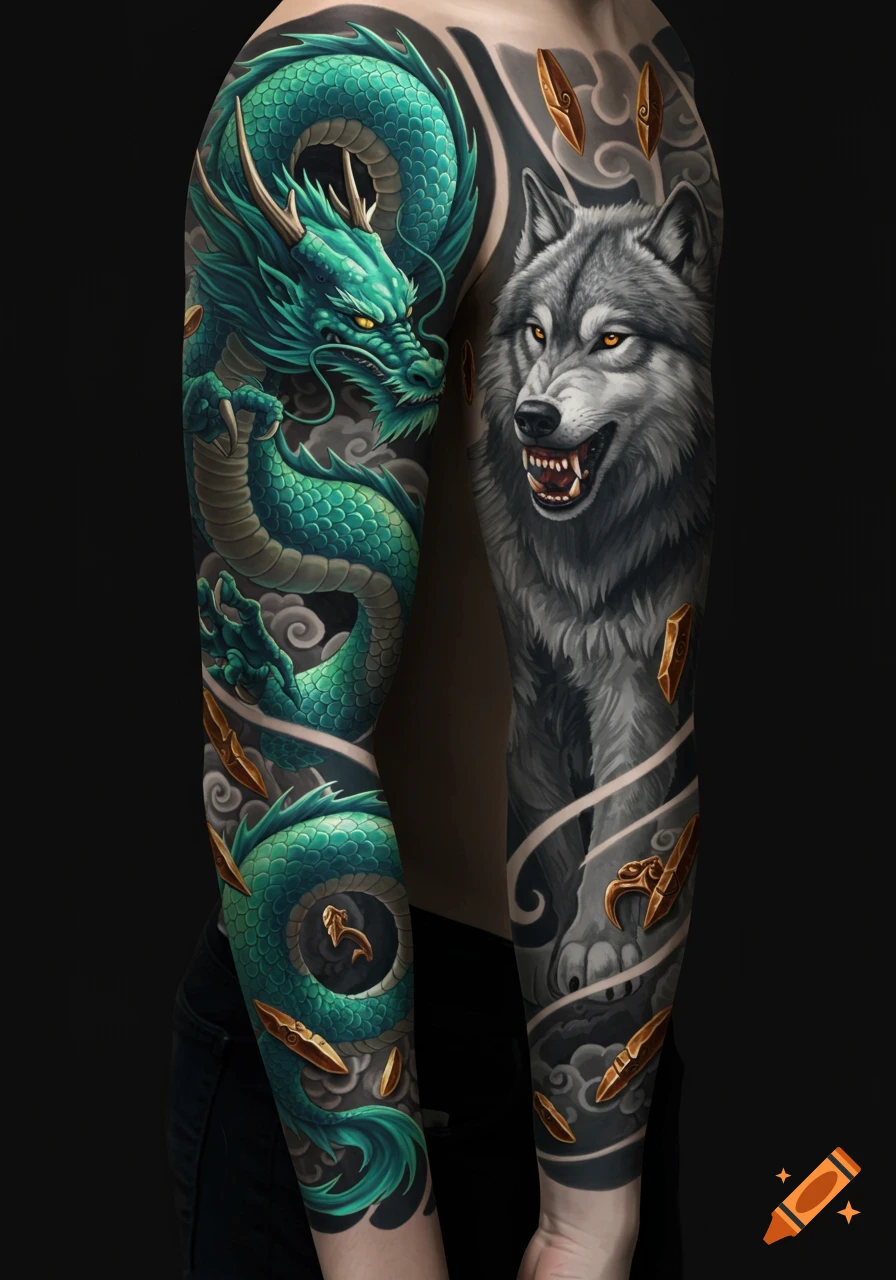 Detailed green dragon and grey wolf tattoo sleeves on arms against a dark background.