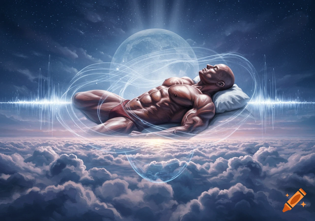 A muscular bodybuilder sleeps on a pillow amidst clouds and stars, surrounded by glowing energy, with a large moon in the background.