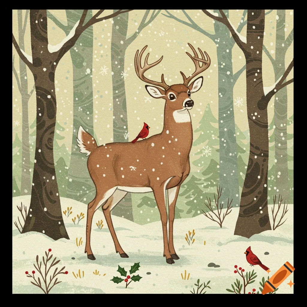 An illustrated white-tailed deer buck with a cardinal on its back stands in a snowy forest, with another cardinal on the ground.