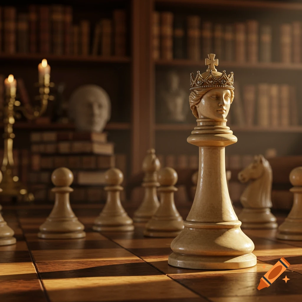 A detailed shot of a white queen chess piece with a crown, on a chessboard in a dimly lit library.
