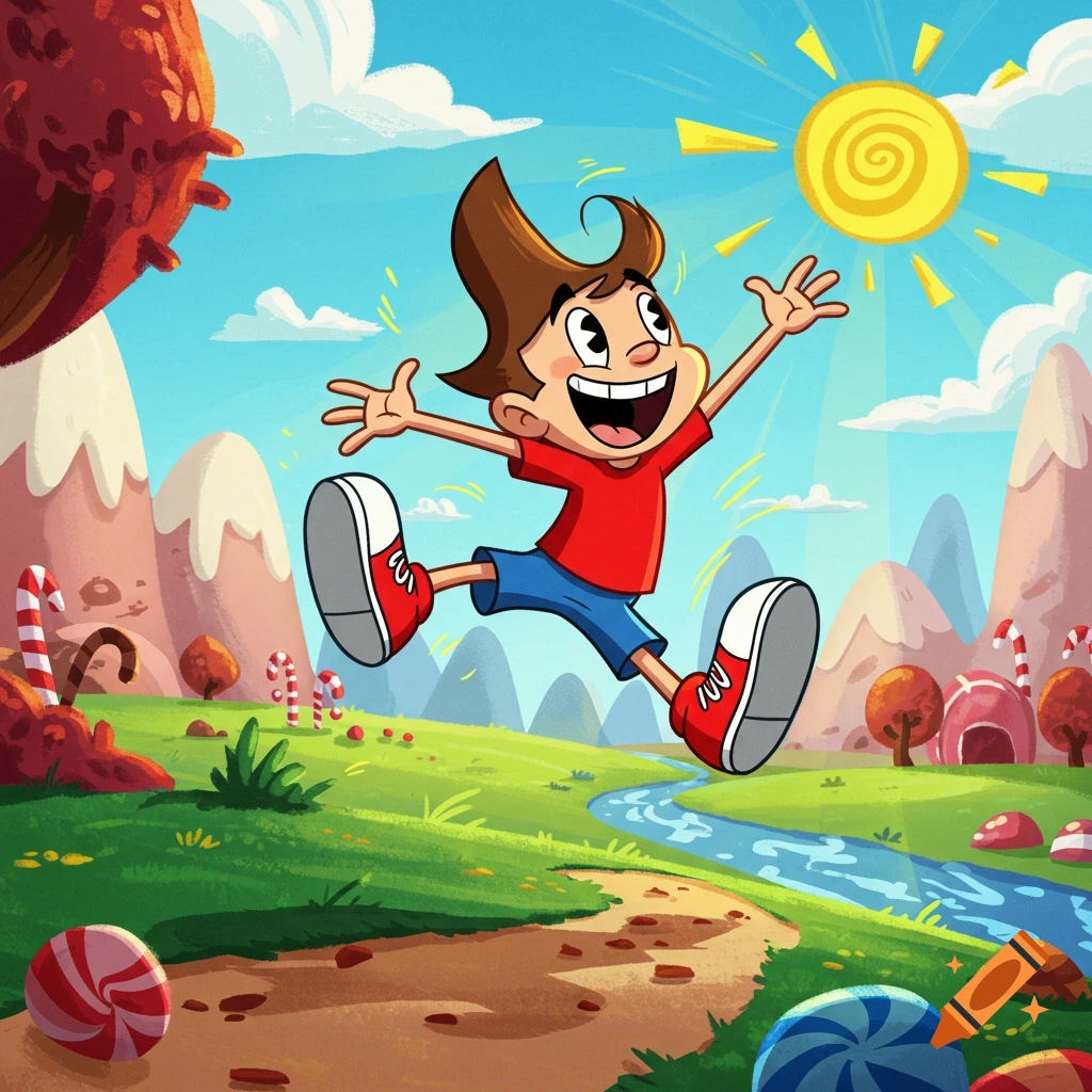 A joyful cartoon boy with spiky brown hair jumps enthusiastically in a vibrant candy land landscape under a bright sun.