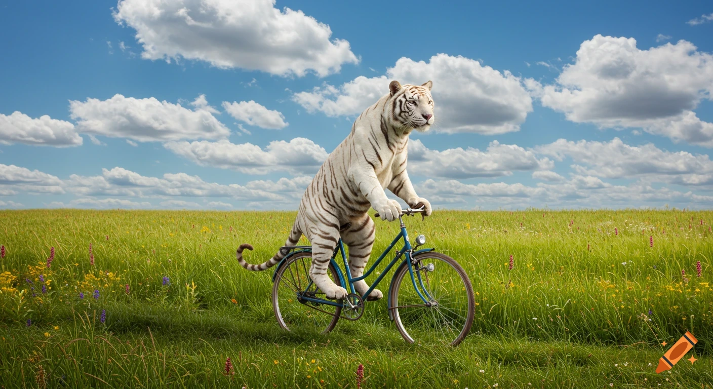 A photorealistic white tiger rides a blue bicycle through a vibrant green field with wildflowers under a blue sky.