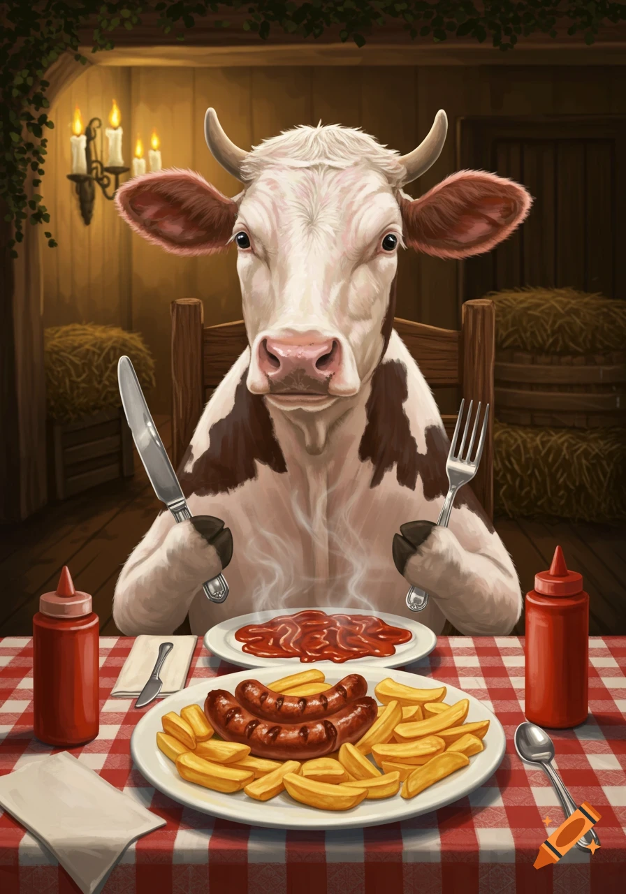 A detailed illustration of a cow sitting at a rustic table, holding a knife and fork, about to eat a plate of sausages and chips.