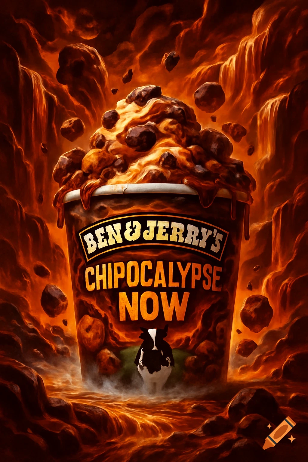 A dramatic, fiery image of a Ben & Jerry's 'Chipocalypse Now' ice cream pint surrounded by lava and flying chocolate chunks.