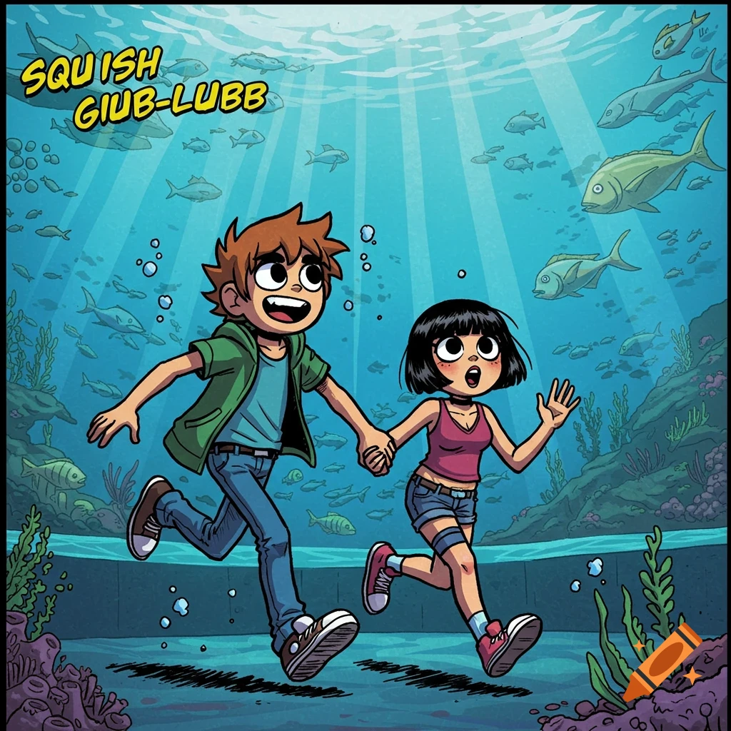 Scott Pilgrim and Knives Chau in a comic book style, holding hands and running through a vibrant aquarium tunnel with many fish.