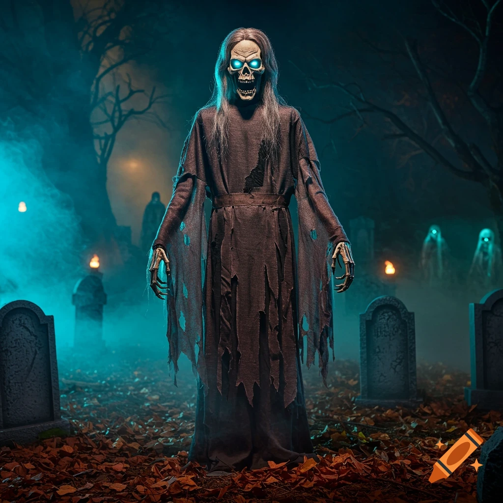 A spectral skeleton figure with glowing blue eyes and tattered robes stands in a misty graveyard with tombstones and bare trees at night.