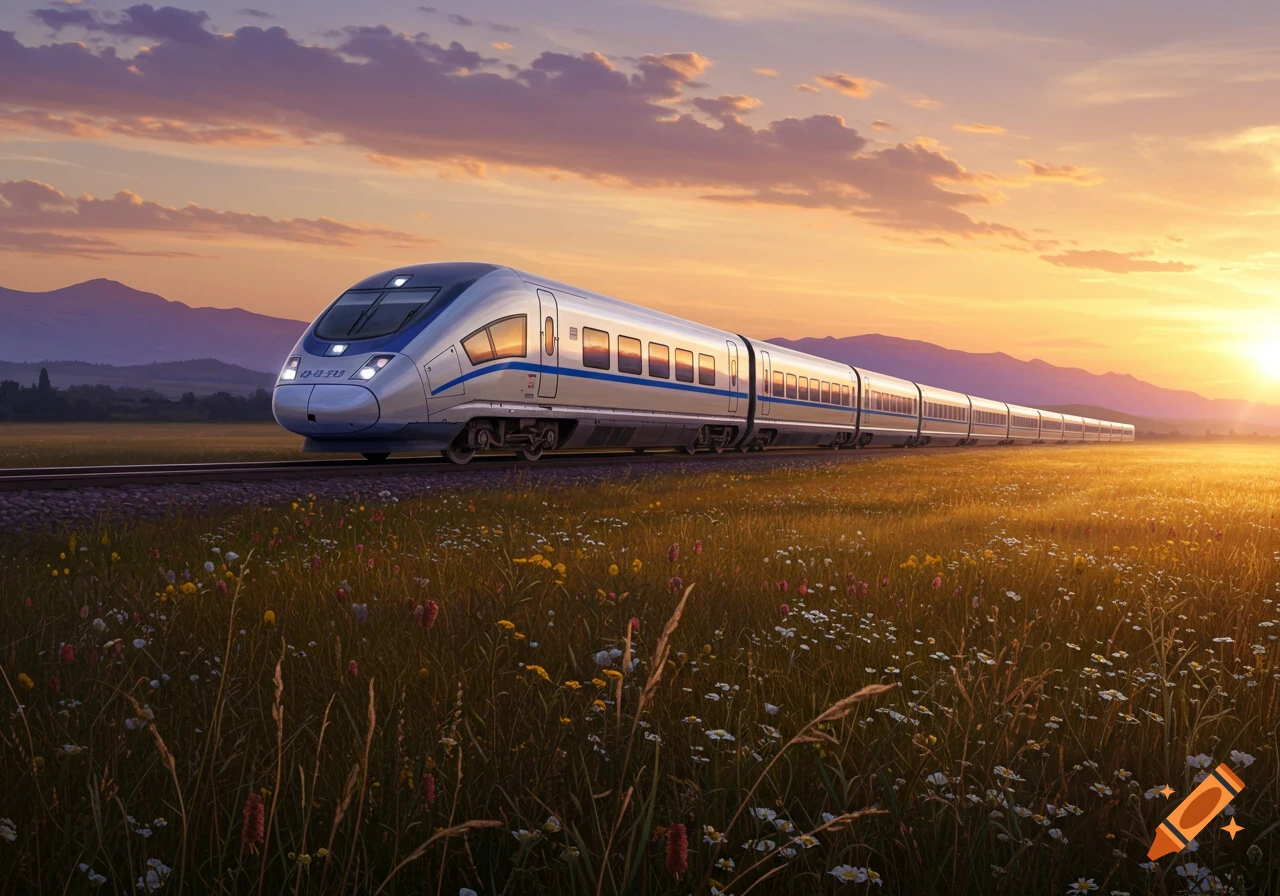 A modern high-speed train travels through a field of wildflowers at sunset, with mountains in the distance.