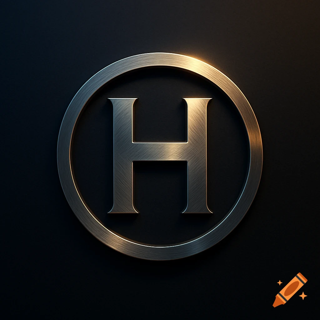 A brushed metallic letter H centered within a metallic circle on a dark background with subtle lighting.