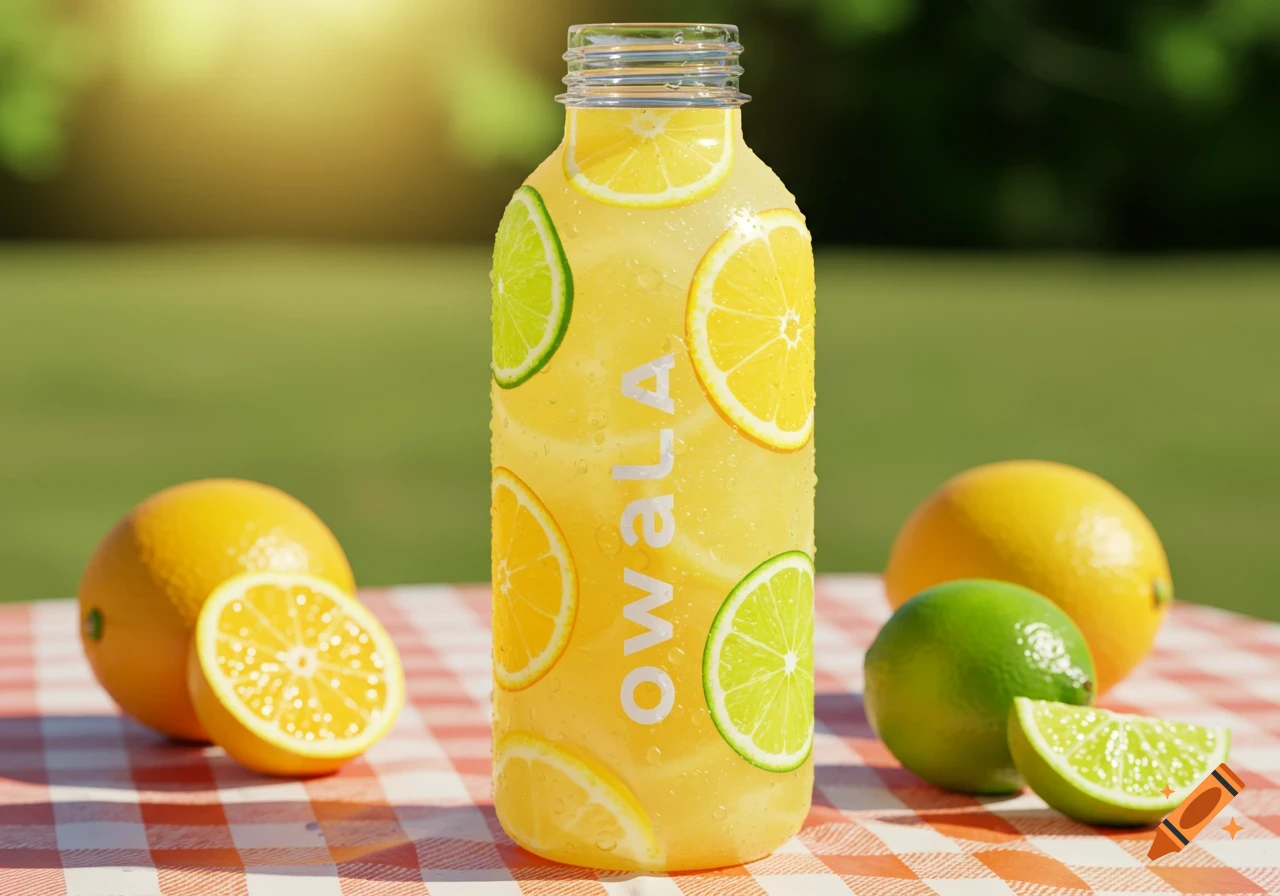 Photorealistic image of a cold lemon-limeade bottle with citrus slices and whole fruits on a red and white checkered picnic blanket in a sunny outdoor setting.