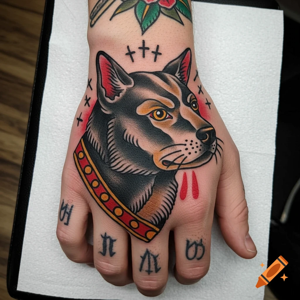 American traditional style tattoo of a black and brown dog's head with a red collar on a person's hand, surrounded by small symbols.