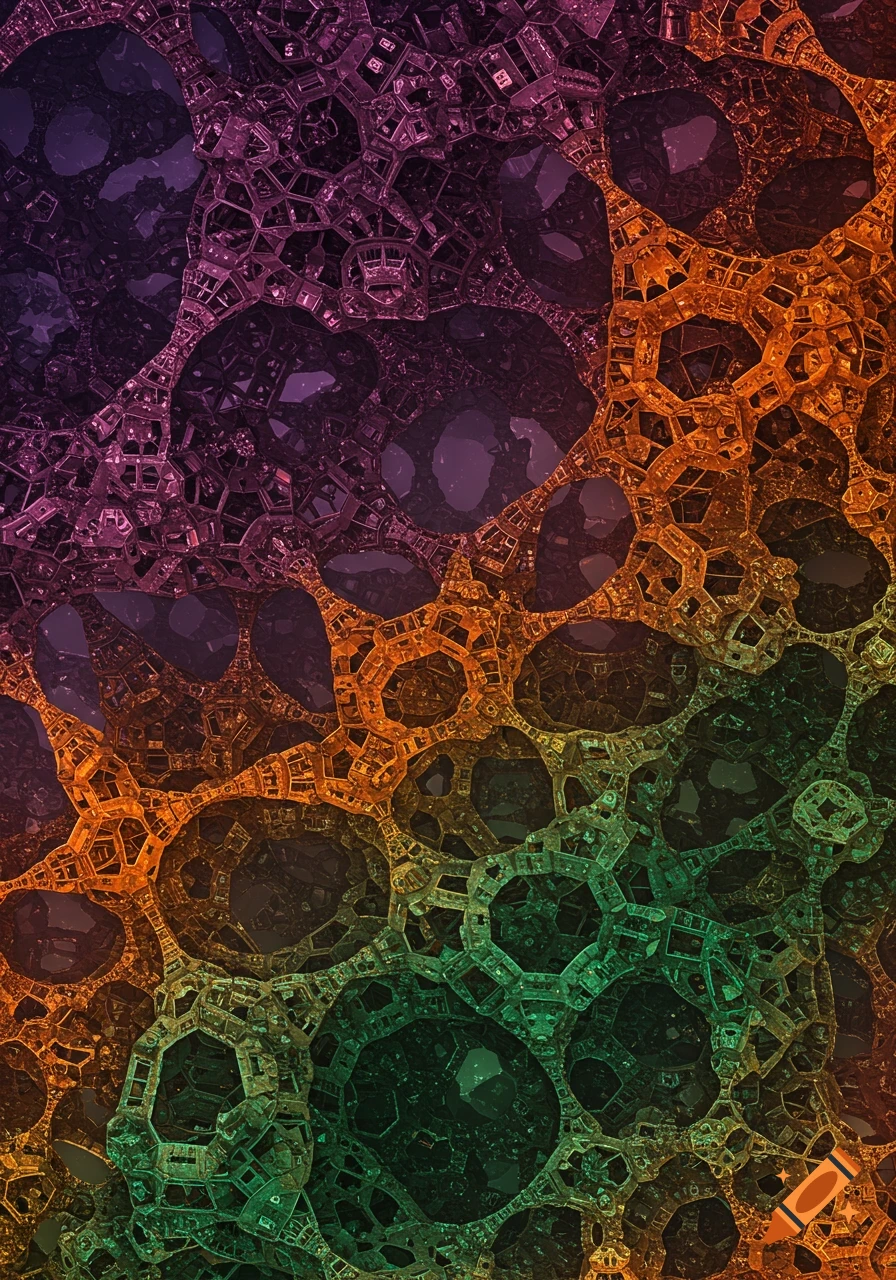 Complex fractal pattern with a gradient of purple, orange, and green cellular structures.