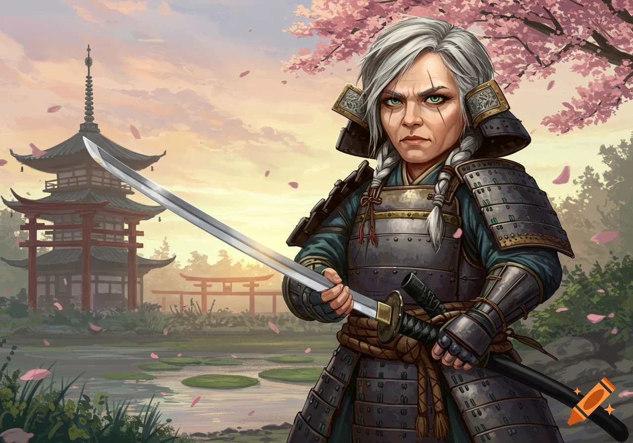 A gray-haired samurai woman in full armor holds a katana in a Japanese landscape with a pagoda, cherry blossoms, and a pond, fantasy art.
