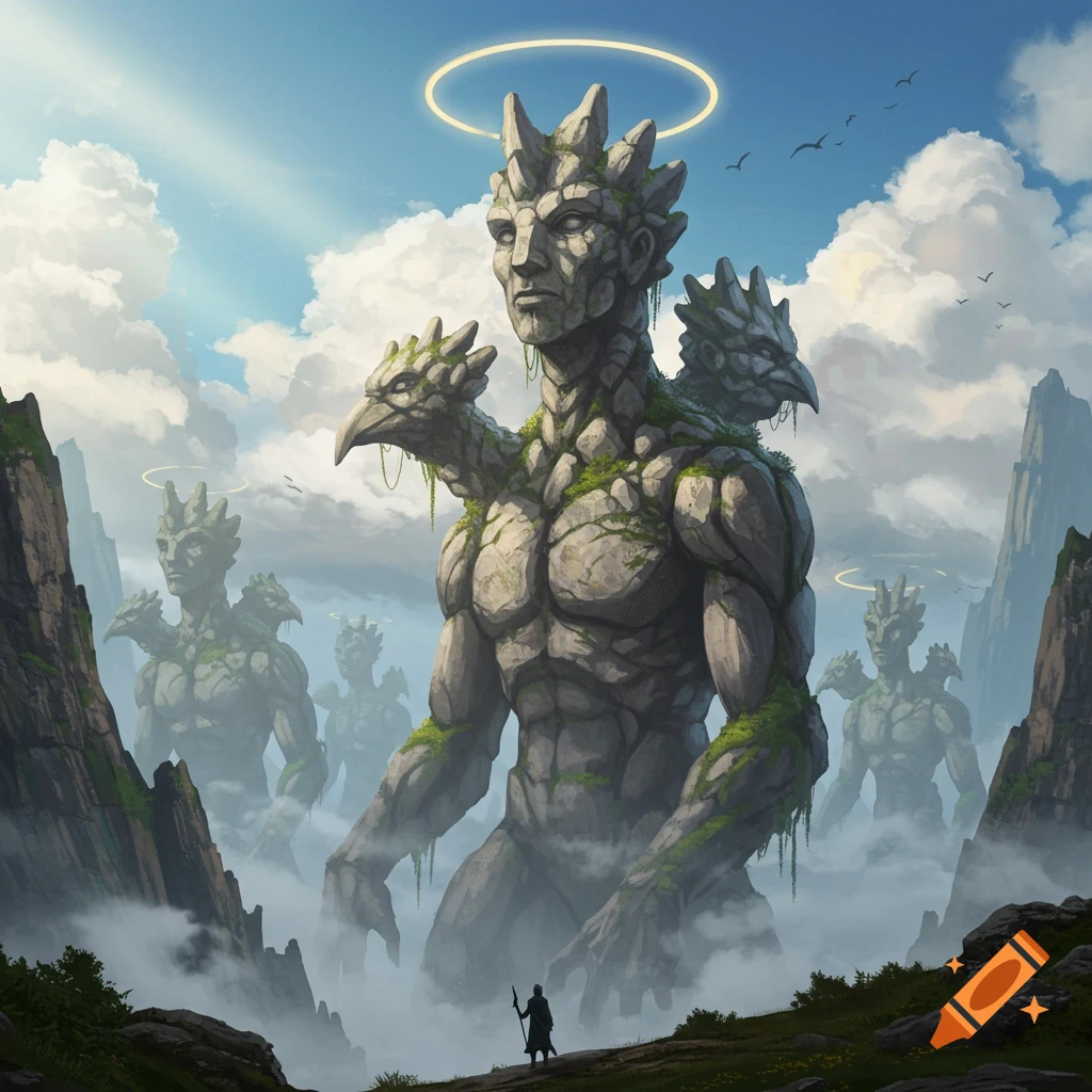Colossal moss-covered stone giants with bird heads stand in a misty mountain valley under a bright sky, a small figure observes.