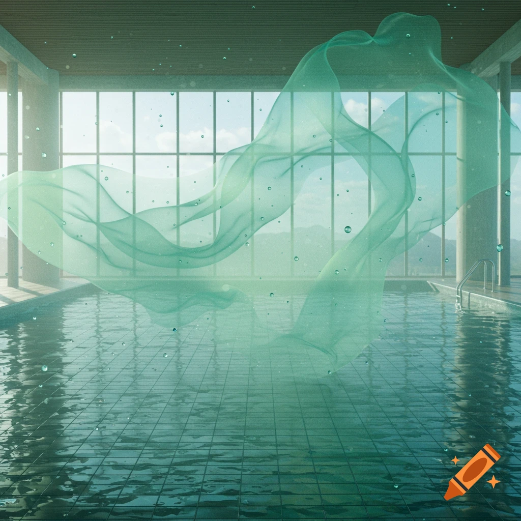 Photorealistic image of an indoor swimming pool with large windows, a flowing translucent green element, and water droplets.