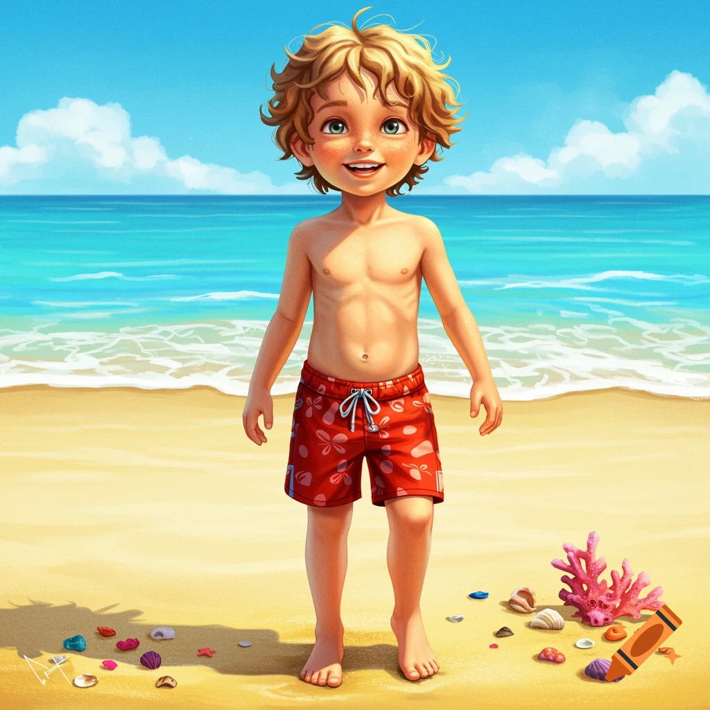 A smiling cartoon boy with curly blonde hair and red swim trunks stands on a sunny beach with the ocean in the background and seashells in the sand.