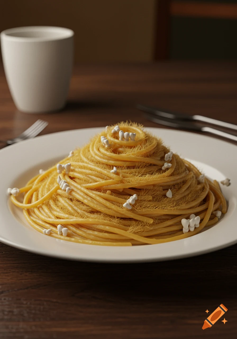 Photorealistic image of a plate of spaghetti covered in fine fur with small, white teeth scattered among the noodles on a dark wooden table.