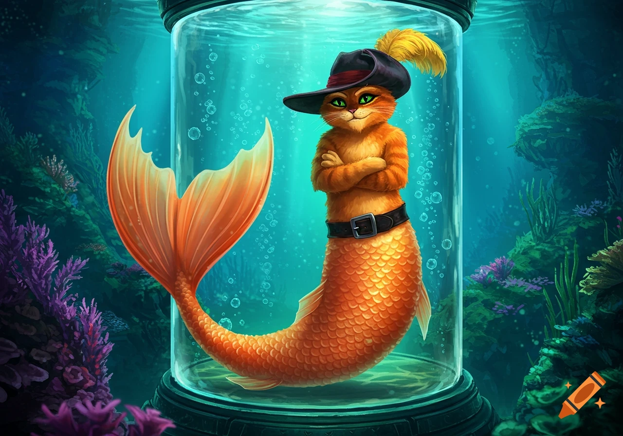 Puss in Boots as an orange mermaid with a feathered hat, arms crossed confidently in a clear aquarium with vibrant underwater scenery.