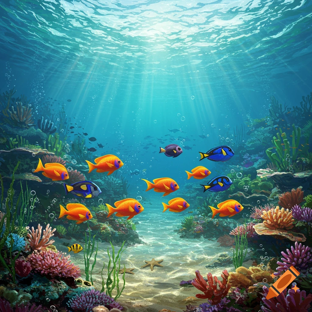 A vibrant underwater scene with colorful fish swimming among diverse coral reefs, light rays penetrating the blue water.