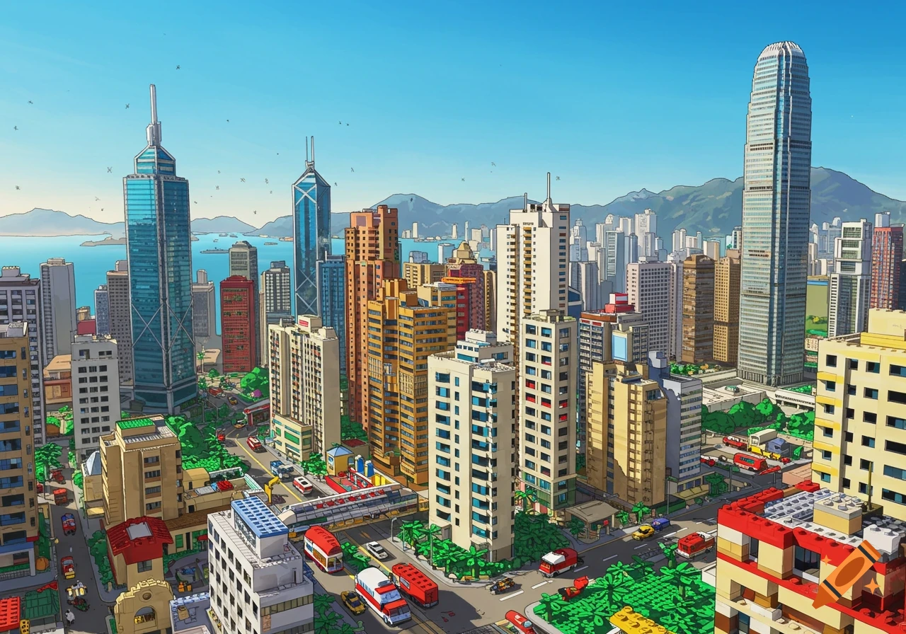 Aerial view of a vibrant cityscape resembling Hong Kong, meticulously crafted from colorful LEGO bricks with tall buildings and busy streets.