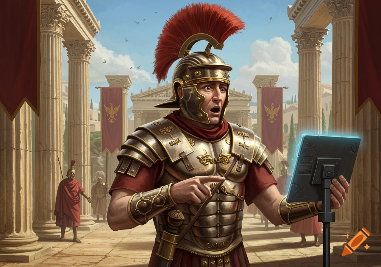 A Roman soldier in full armor with a shocked expression points at a glowing tablet in an ancient city setting.