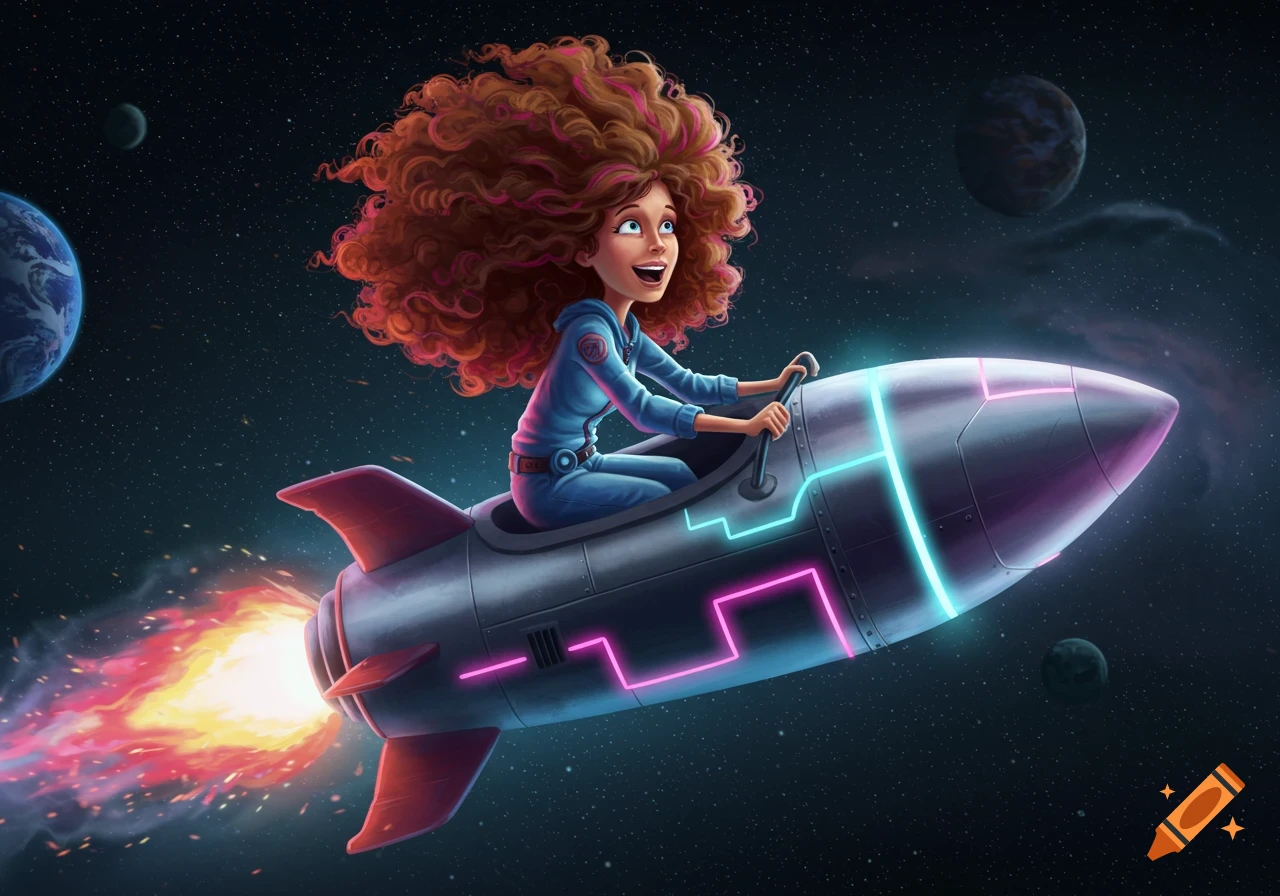 A joyful cartoon girl with voluminous curly brown and magenta hair rides a neon-lit rocket through space with planets and stars.