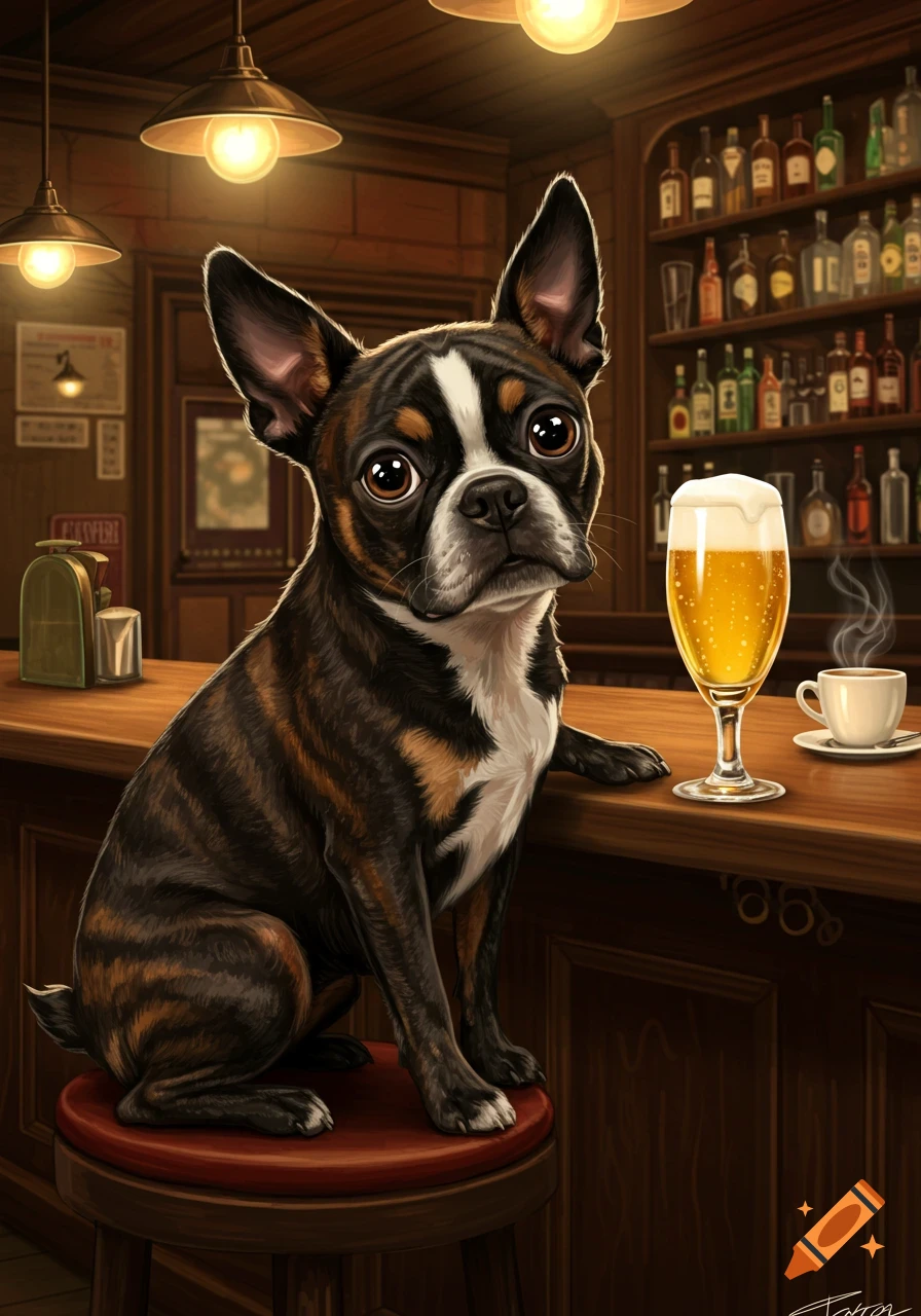 A brindle Boston Terrier dog sits attentively at a cozy, dimly lit bar counter next to a glass of beer and a steaming coffee cup.