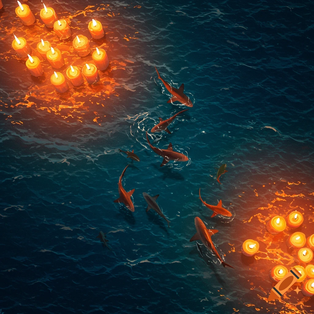 Birds-eye view of dark blue ocean with orange/brown sharks swimming near clusters of glowing candles on the surface.